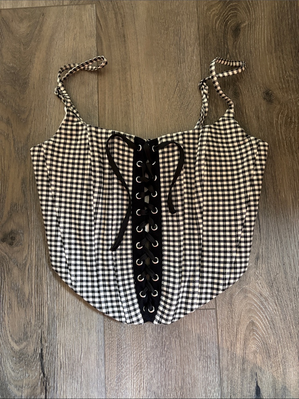 Garage Black & White Gingham Lace-Up Corset Camisole